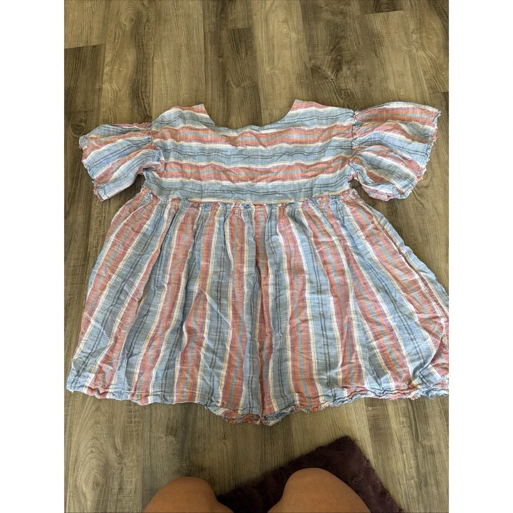 FREE PEOPLE Summer Nights Striped Mini Babydoll Dress Medium Boho Pockets